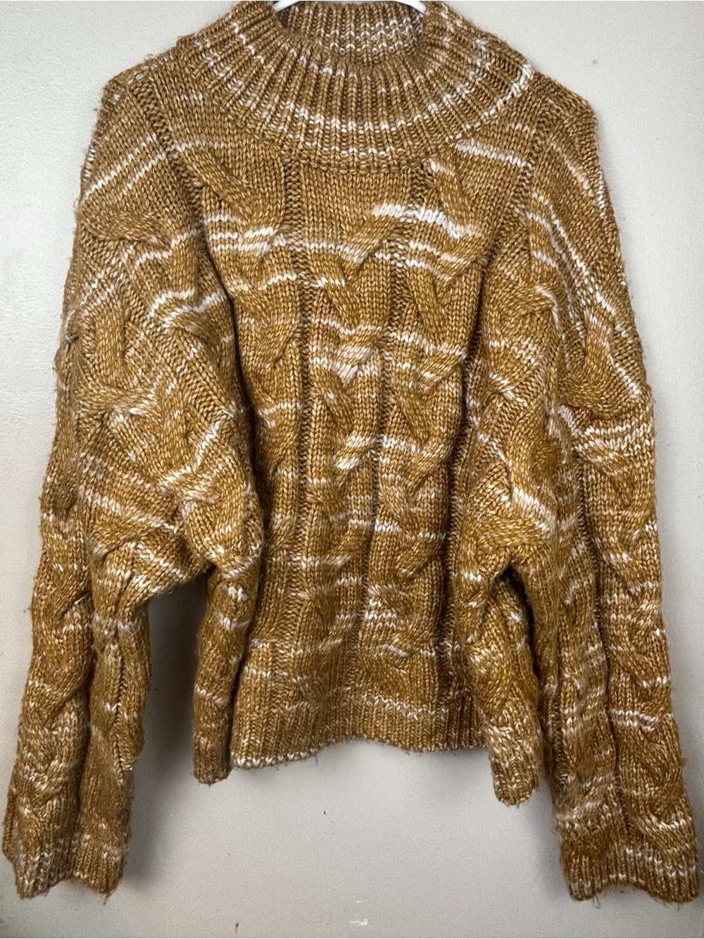 a.n.a Marled Caramel and White Cable-Knit Mock Neck Sweater